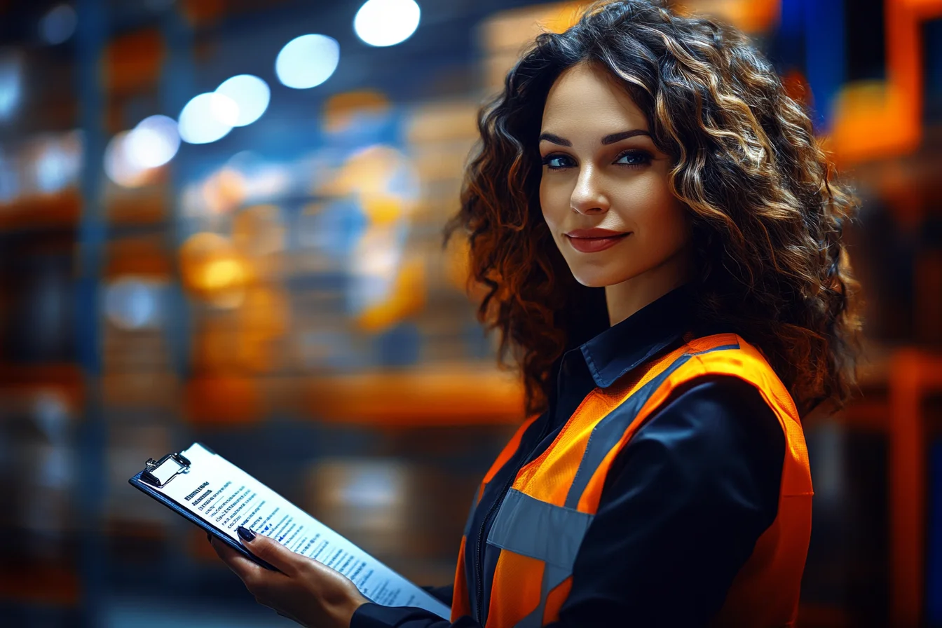 Portret uśmiechniętej pracownicy magazynu trzymającej kartkę kontrolną na tle regałów