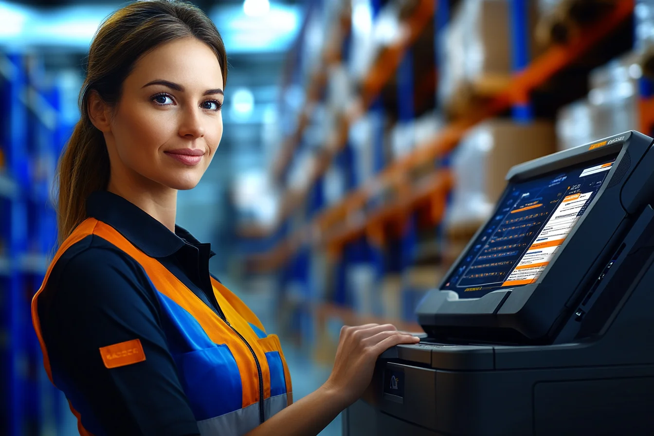 Pracownica obsługuje palcem duży terminal z listą danych systemu WMS, portret na tle regałów