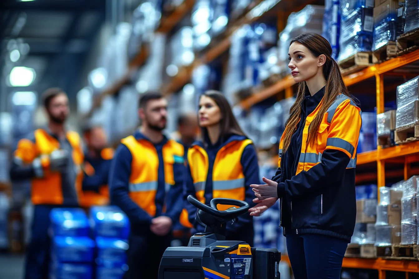Pracownica przy elektrycznym wózku paletowym rozmawia z zespołem w alejce regałów