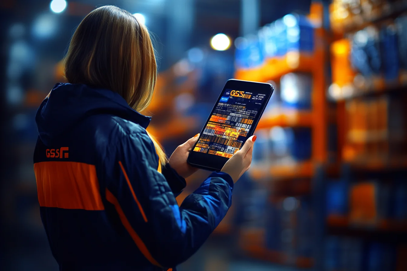 Pracownica trzyma tablet z logo GSS i listą kodów kreskowych, w tle regały z niebieskimi pojemnikami