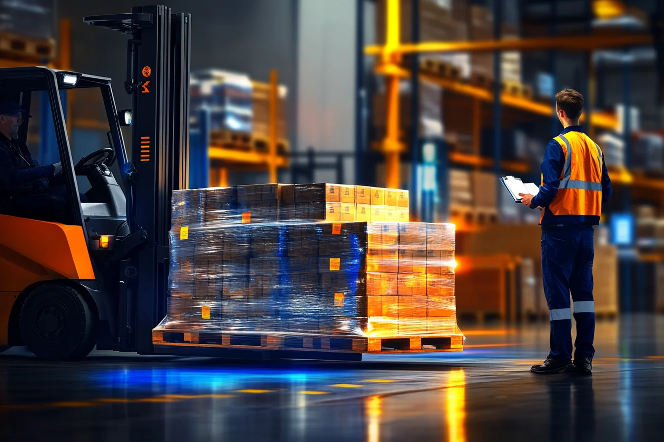Pracownik z podkładką obserwuje wózek widłowy przewożący paletę z żółtymi etykietami