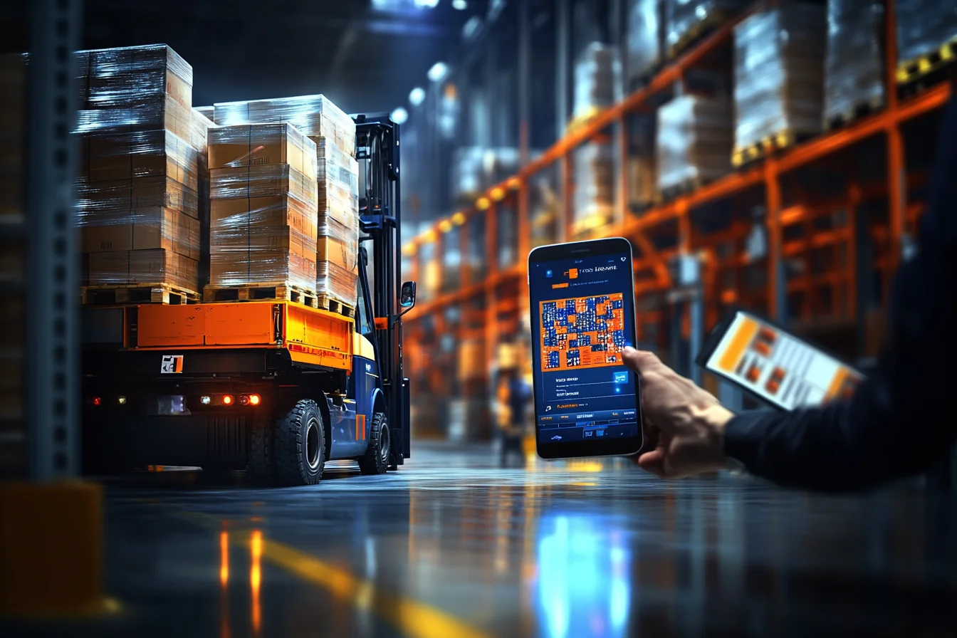 Smartfon z mapą lokalizacji magazynowych w dłoni pracownika, w tle wózek widłowy z paletą