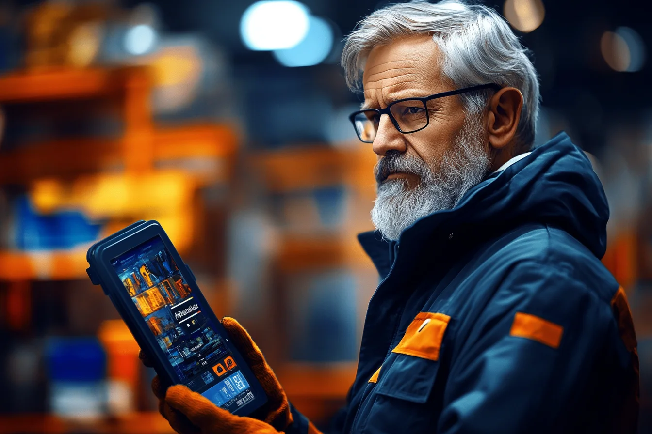 Starszy mężczyzna z siwą brodą trzyma tablet w pomarańczowych rękawicach roboczych