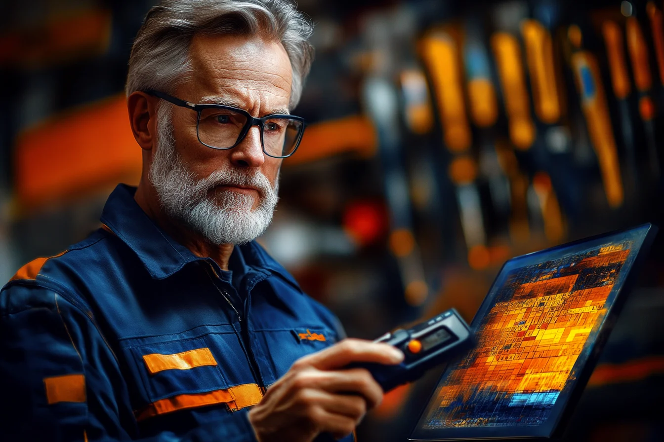Starszy mężczyzna trzyma terminal i tablet z ognistym, pomarańczowym ekranem danych logistycznych