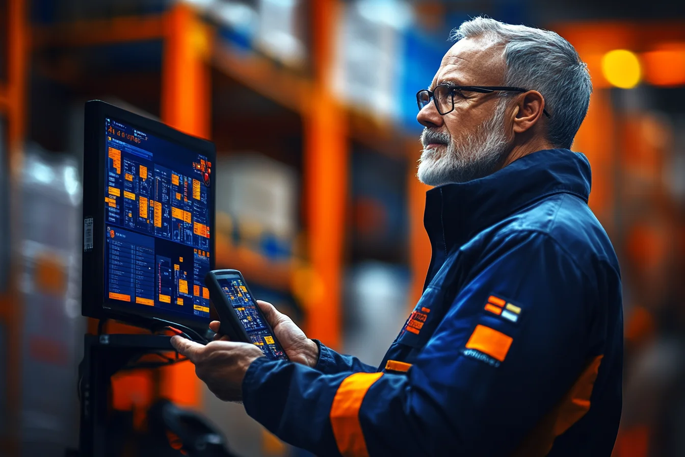 Pracownik z terminalem przed ekranem panelu systemu WMS