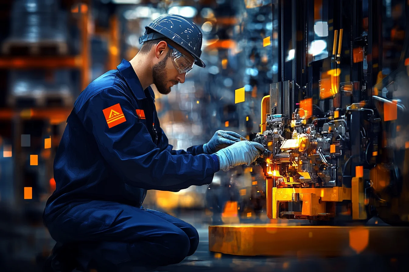 Technik w kasku serwisuje mechanizm wózka widłowego