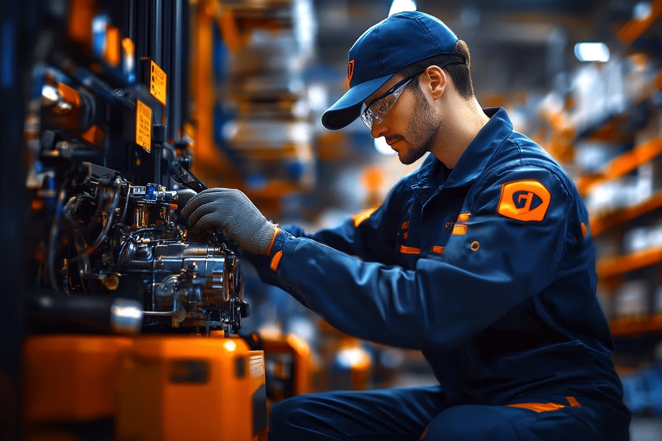 Technik w czapce z daszkiem serwisuje odsłonięty silnik wózka widłowego w magazynie