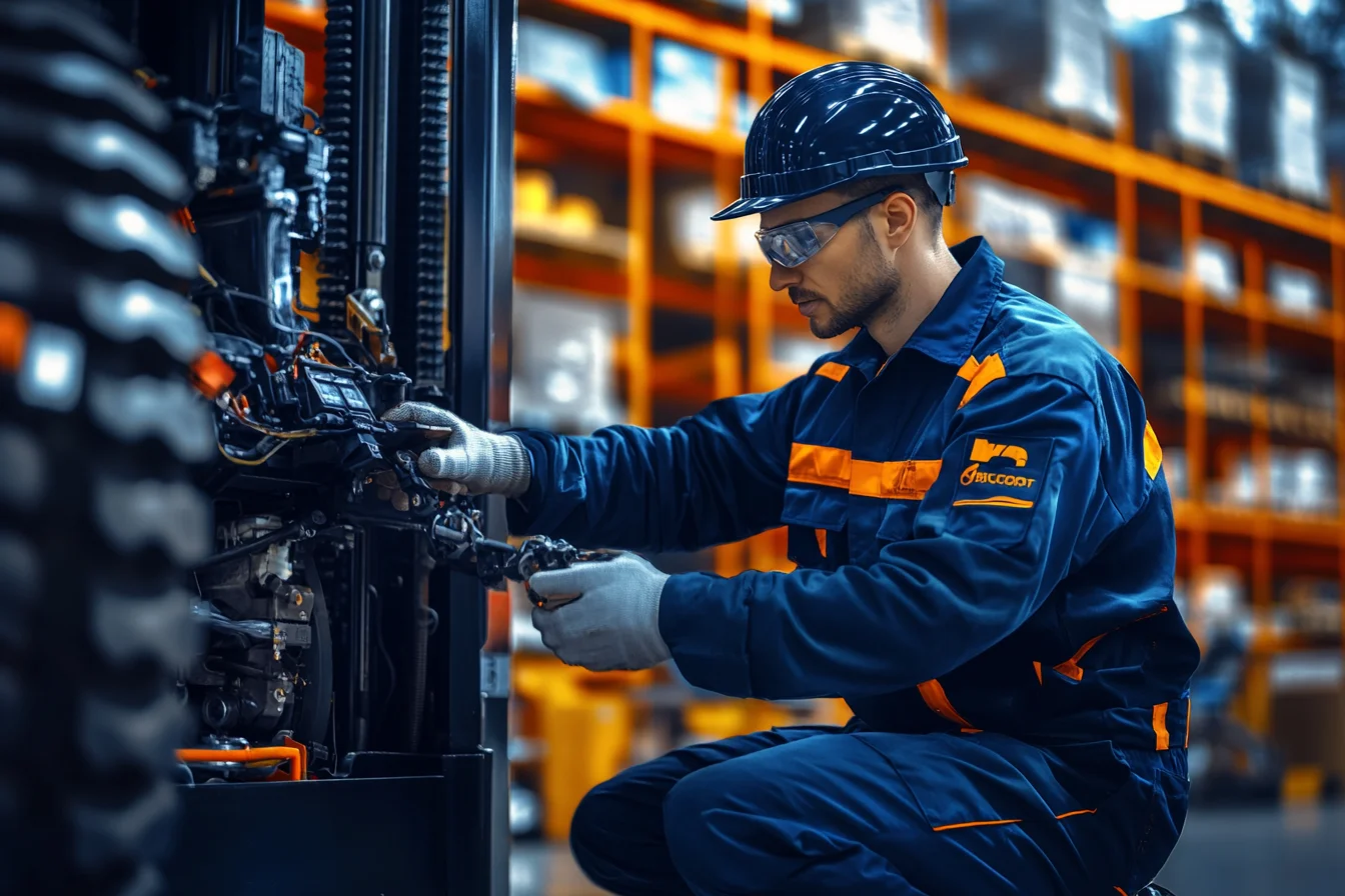 Technik w kasku i okularach ochronnych naprawia panel elektroniczny wózka widłowego