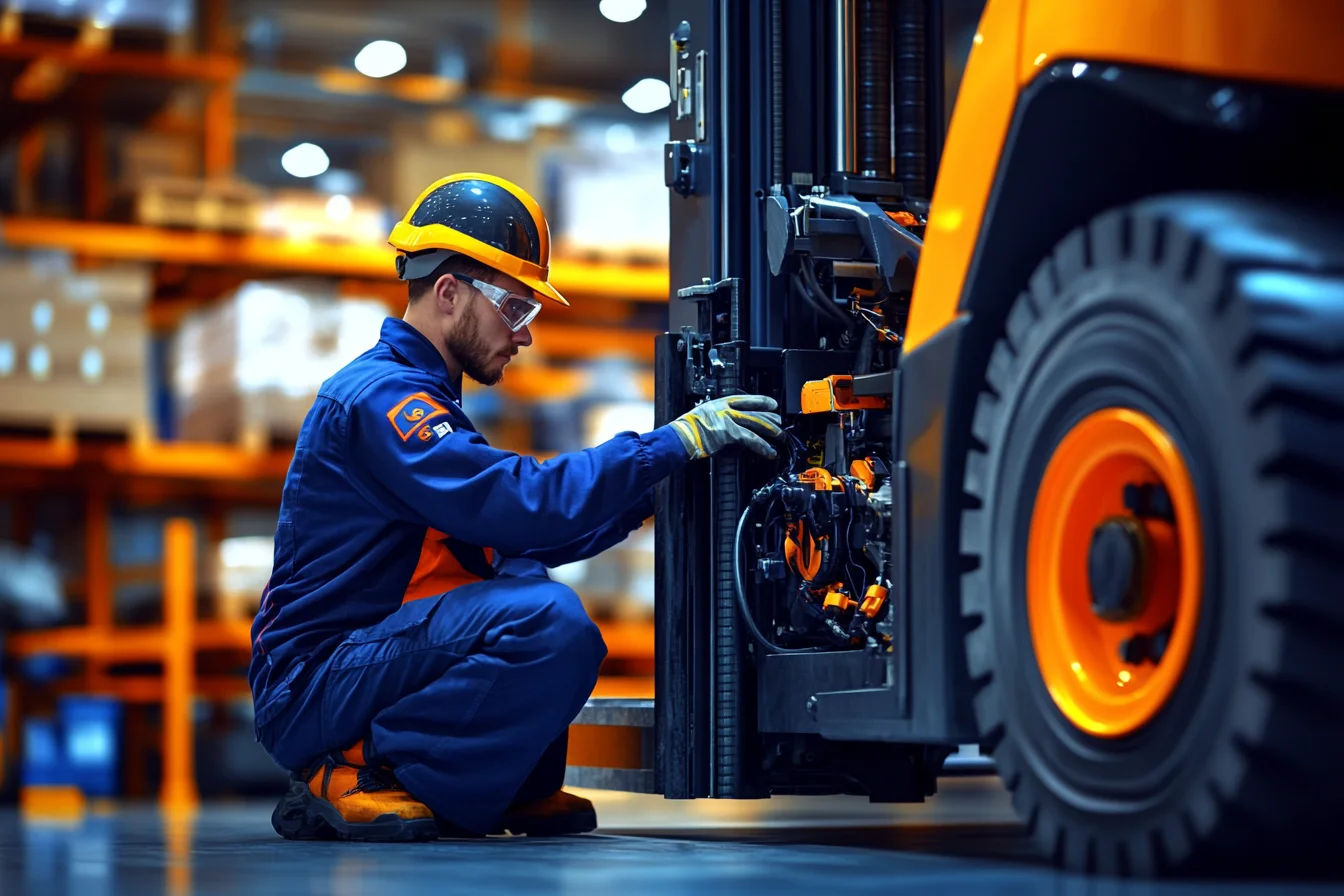 Technik w żółtym kasku naprawia mechanizm przy dużym kole wózka widłowego