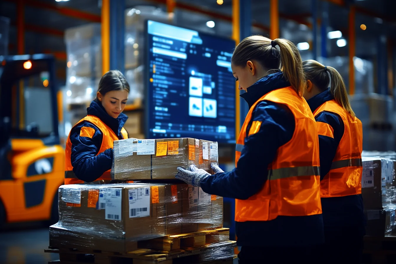 Trzy pracownice pakują karton na palecie przed ekranem z danymi systemu