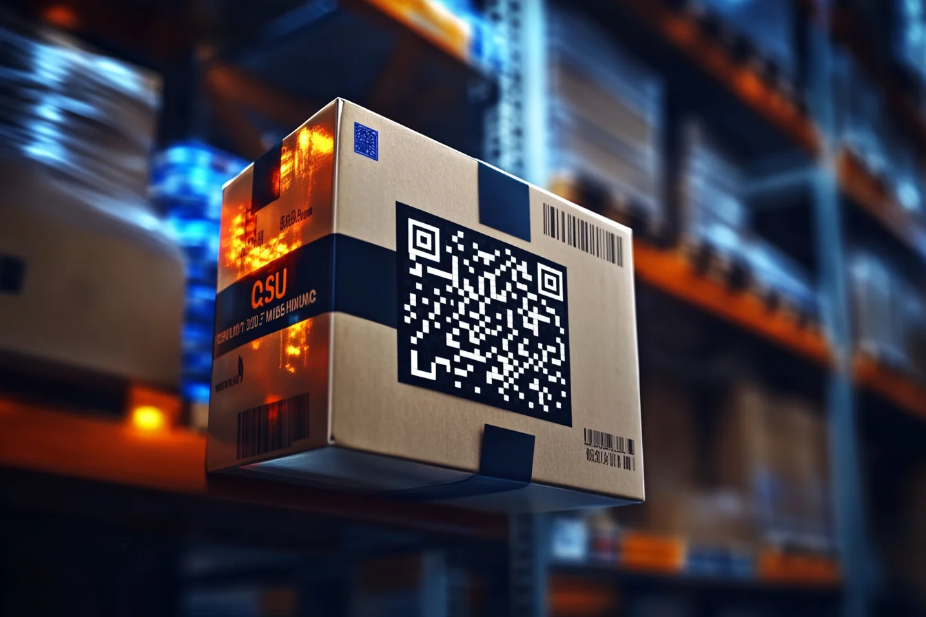 Unoszący się w powietrzu karton z napisem QSU i dużym kodem QR na tle regałów