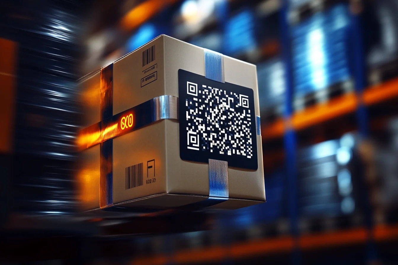 Unoszący się karton z dużym kodem QR i pomarańczowym symbolem nieskończoności na tle regałów