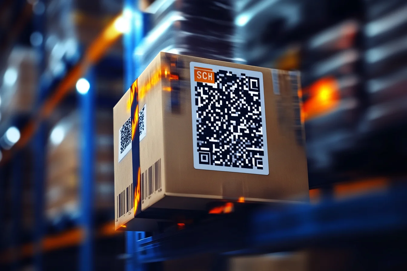 Unoszący się karton z dużym kodem QR i etykietą SCH na tle regałów magazynowych