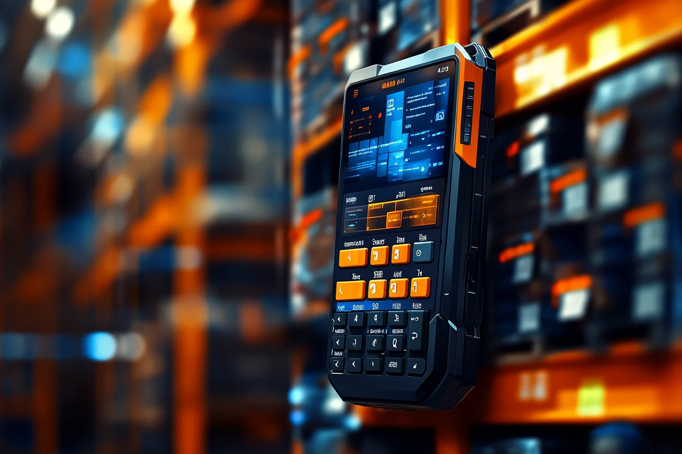 Unoszący się w powietrzu terminal danych z klawiaturą numeryczną i kolorowym panelem