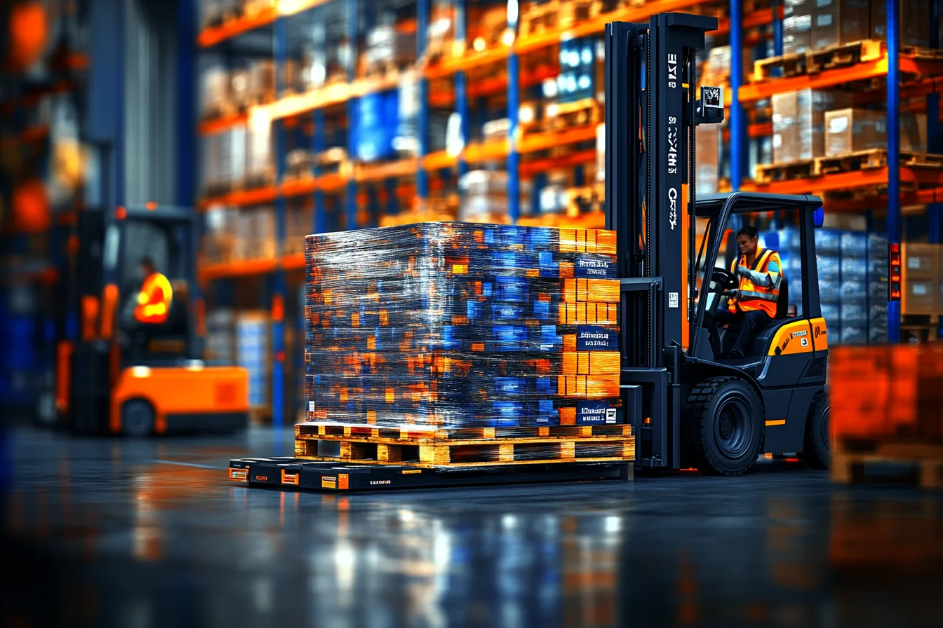 Wózek widłowy transportuje mozaikowo owiniętą paletę w strefie przyjęć magazynu
