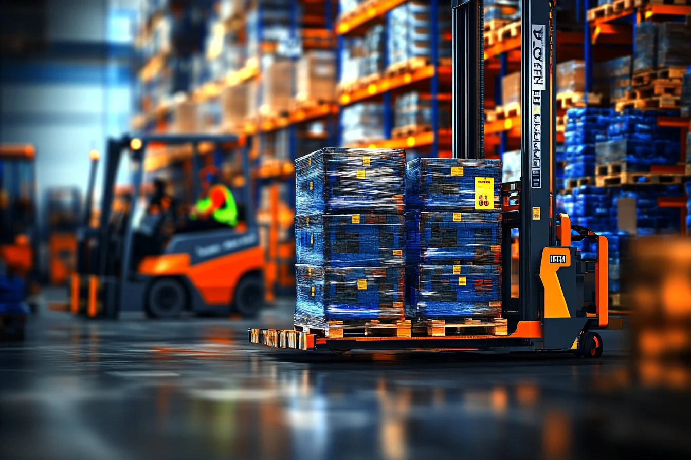 Wózek typu reach truck unosi ważoną paletę z niebieskimi kartonami i etykietami wagowymi