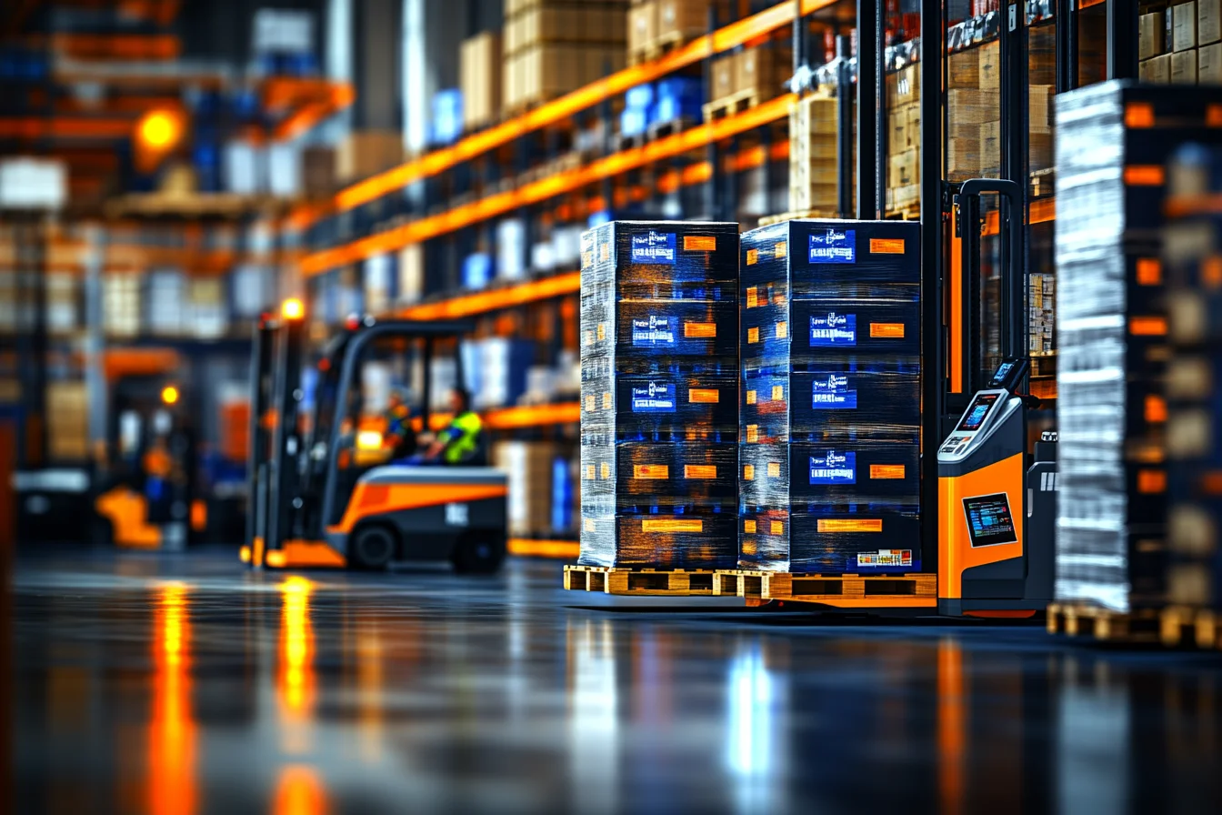 Wózek typu reach truck z ekranem przy palecie z niebiesko-pomarańczowymi etykietami lokalizacji