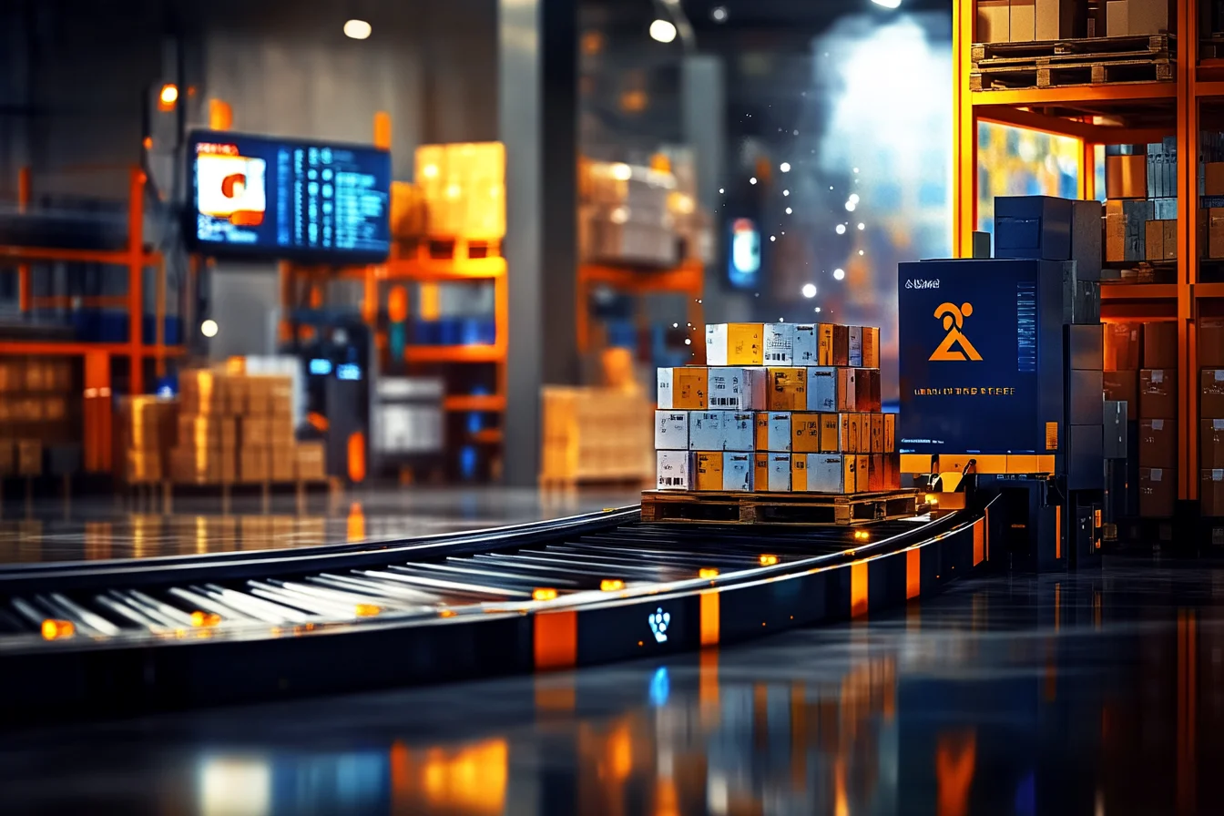 Autonomiczny wózek transportowy wiozący paletę z pudełkami w magazynie