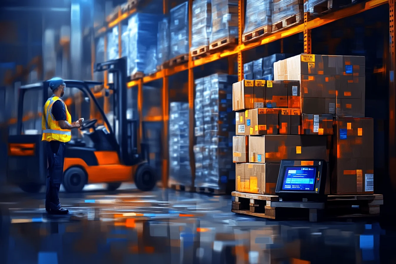 Pracownik na wózku widłowym obok palety kartonów z zamontowanym terminalem