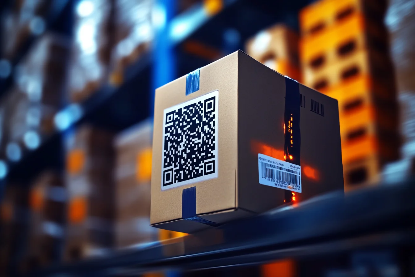 Zbliżenie kartonu z dużym kodem QR i podświetlonymi na pomarańczowo etykietami logistycznymi