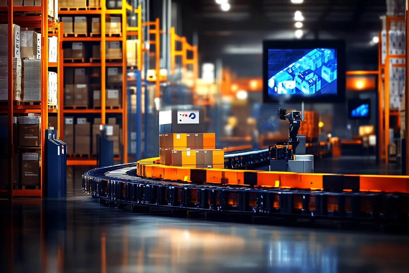 Zrobotyzowane ramię przy przenośniku taśmowym z kartonami, w tle ekran z mapą 3D magazynu