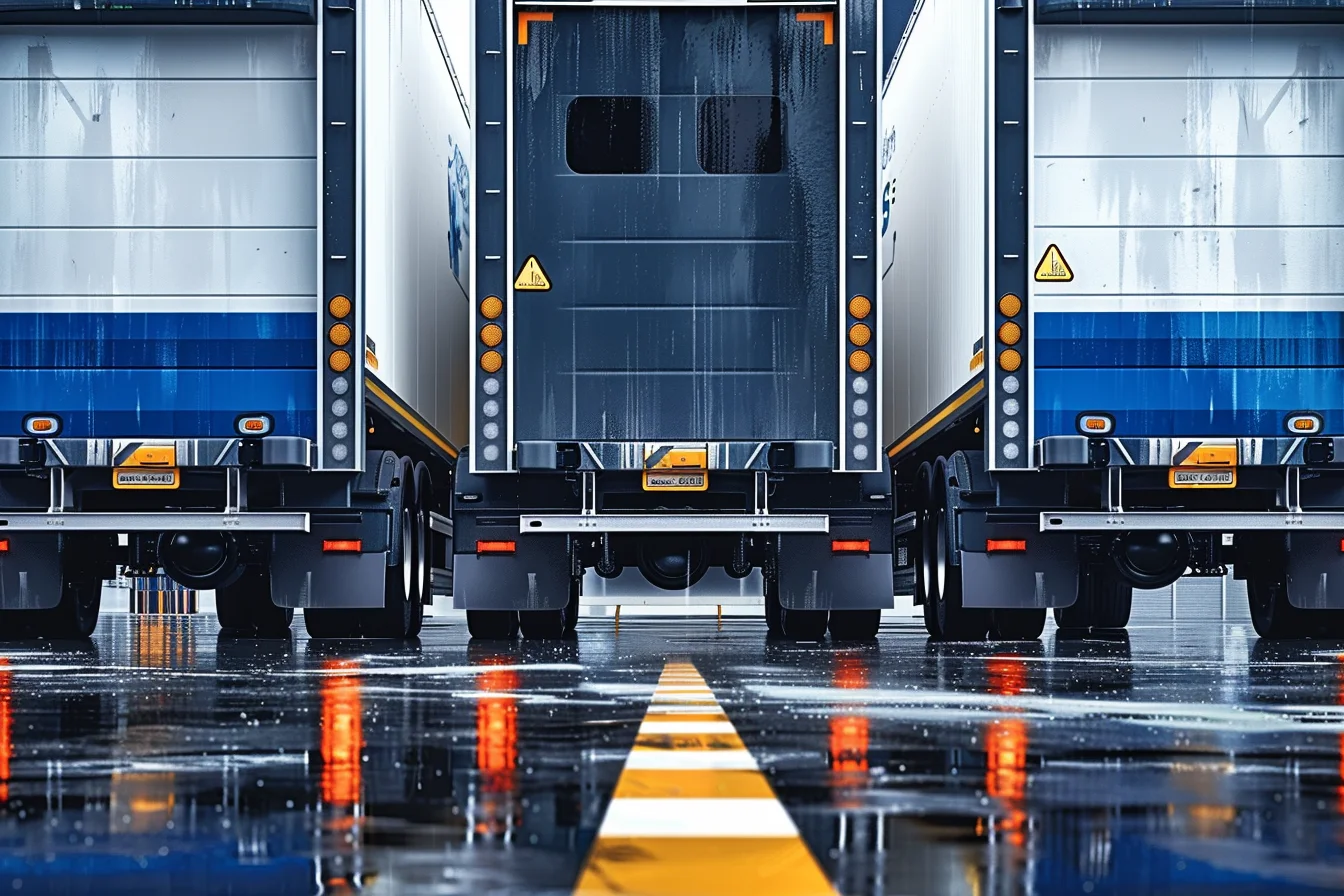 Efektywne zarządzanie ruchem pojazdów i oknami czasowymi dzięki oprogramowaniu Studio VSS.net od SoftwareStudio. Trzy naczepy ciężarowe zaparkowane tyłem w dokach magazynowych podczas deszczu, widoczne na mokrej nawierzchni z odbiciami świateł.