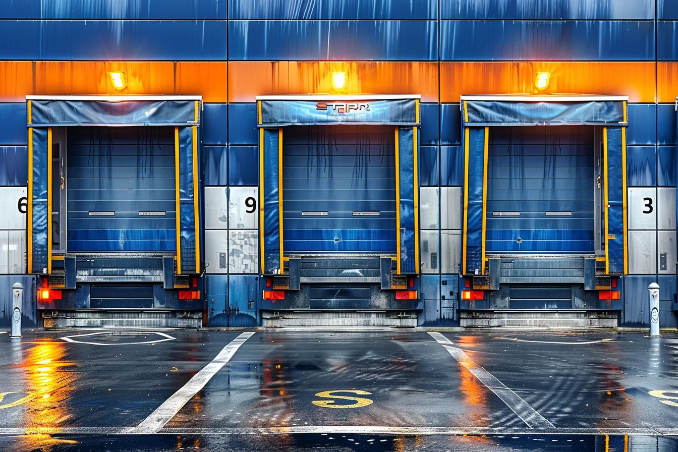Optymalizacja pracy doków i zarządzanie ruchem na terenie zakładu dzięki Studio VSS.net. Trzy niebieskie rampy rozładunkowe w nowoczesnym centrum logistycznym, oświetlone ciepłym światłem, reprezentujące procesy awizacji i zarządzania transportem.